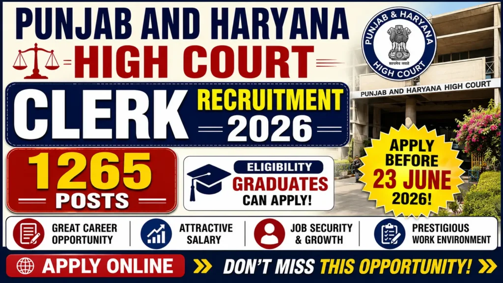 Punjab and Haryana High Court has released the High Court Clerk Recruitment 2026 notification for 1265 Clerk posts in Haryana Subordinate Courts. Graduate candidates with computer proficiency can apply online from 26 May to 23 June 2026 through the SSSC recruitment portal. students can see all in necessary information for this recruitment here